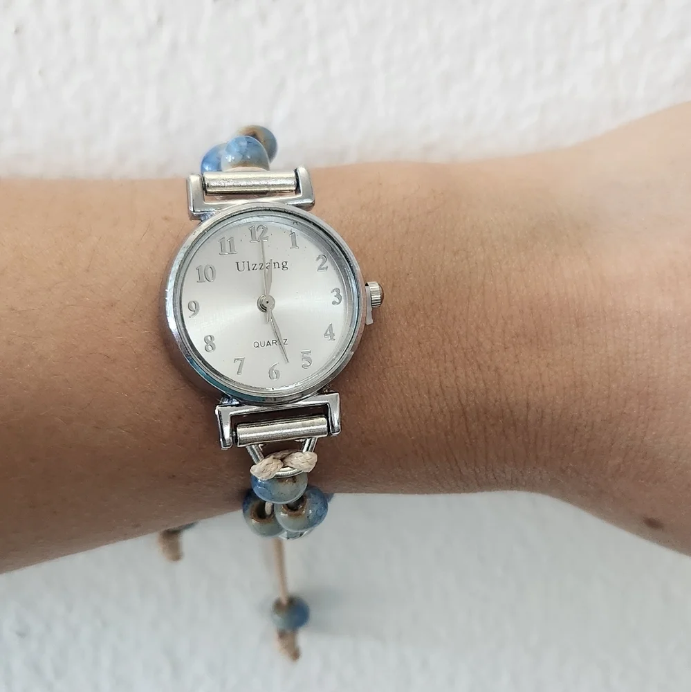 New Ceramic Silver Dial Beaded Watch With Wax Rope